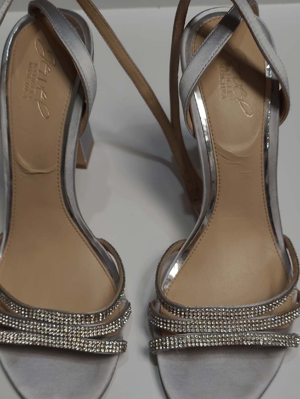 Jewel Badgley Mischka Silver Rhinestone Strap High Heel Sandals - Size 10